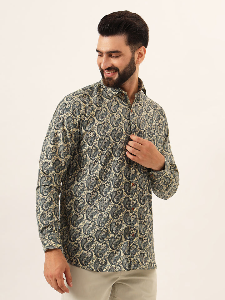 MILLENNIAL MEN Beige Paisley Print Pure Cotton Regular Fit Casual Full Sleeve