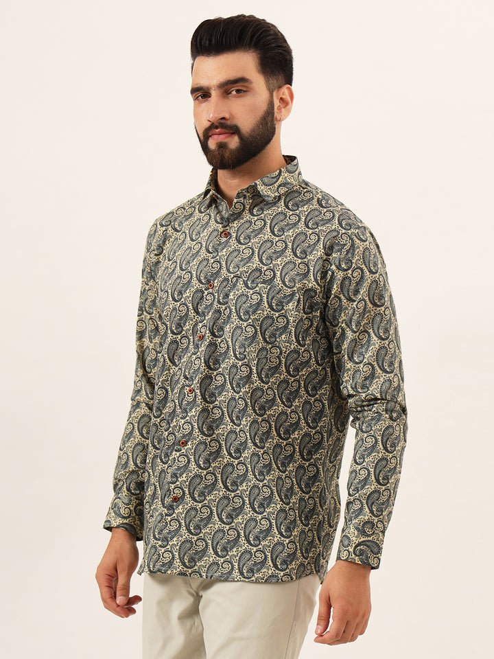 MILLENNIAL MEN Beige Paisley Print Pure Cotton Regular Fit Casual Shirt
