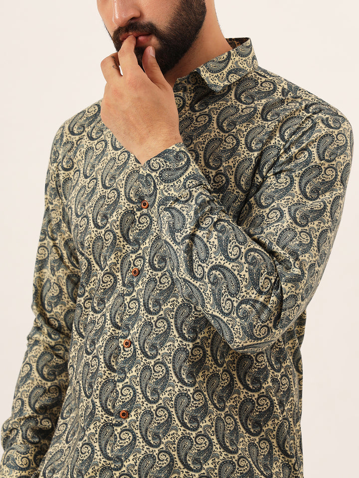 MILLENNIAL MEN Beige Paisley Print Pure Cotton Regular Fit Casual Full Sleeve