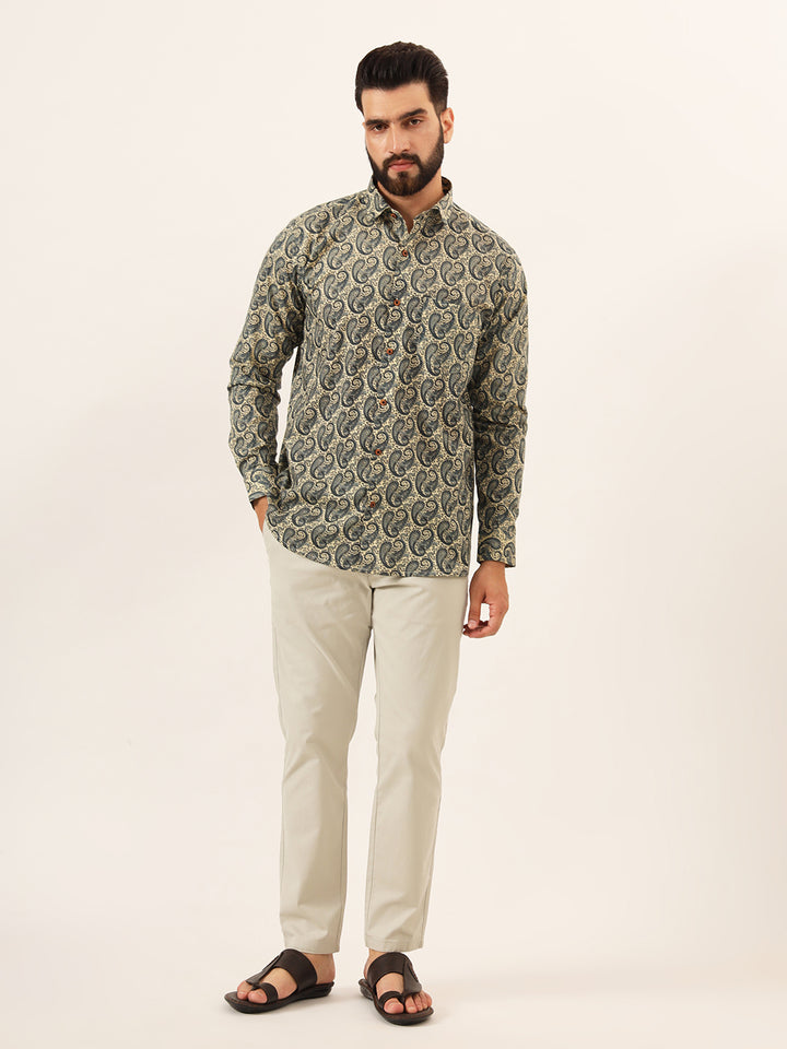 MILLENNIAL MEN Beige Paisley Print Pure Cotton Regular Fit Casual Full Sleeve
