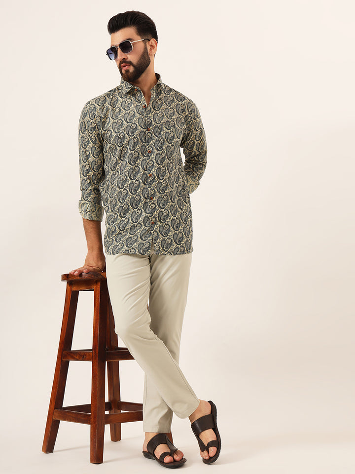 MILLENNIAL MEN Beige Paisley Print Pure Cotton Regular Fit Casual Full Sleeve