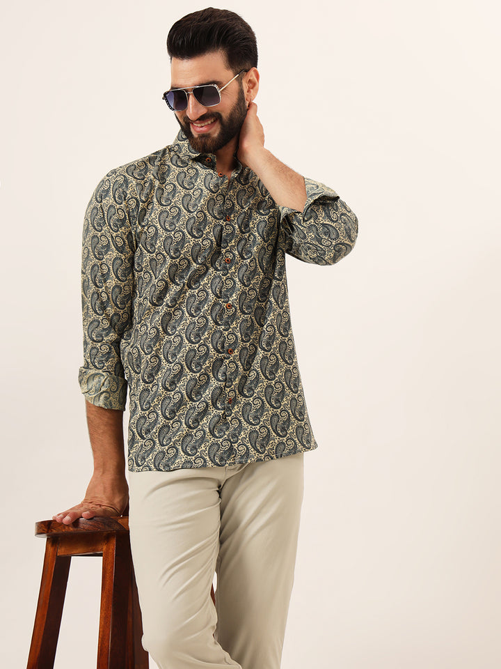MILLENNIAL MEN Beige Paisley Print Pure Cotton Regular Fit Casual Shirt