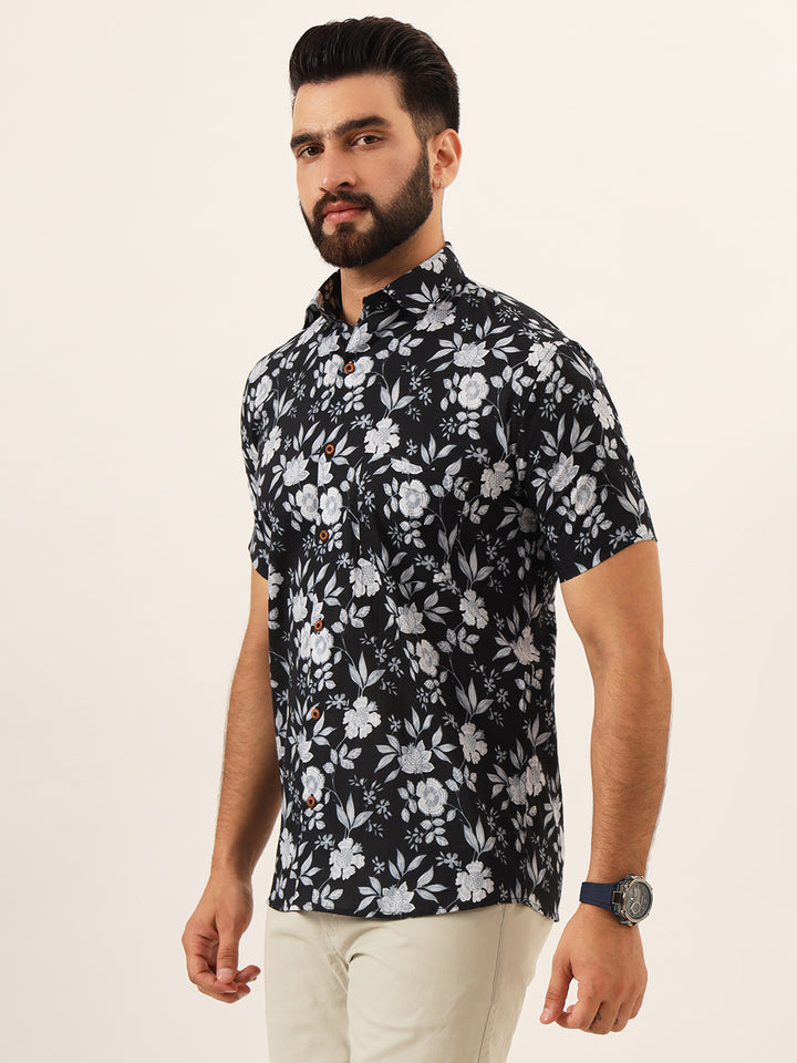 MILLENNIAL MEN Black Floral Print Pure Cotton Regular Fit Casual Shirt