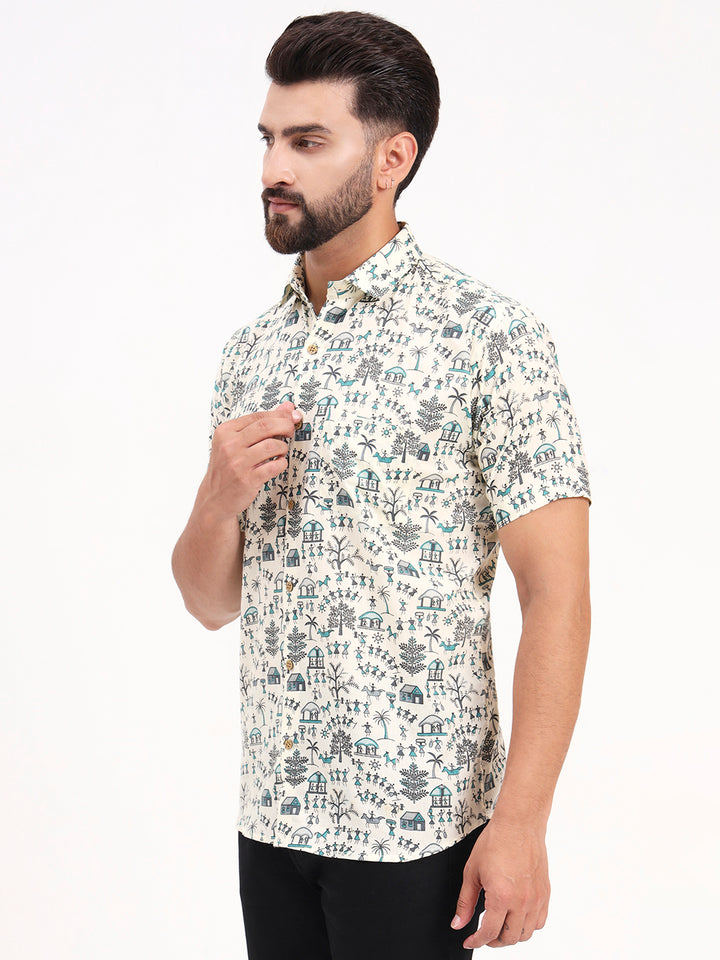 MILLENNIAL MEN Cream Abstract Printed Half Sleeves Shirt