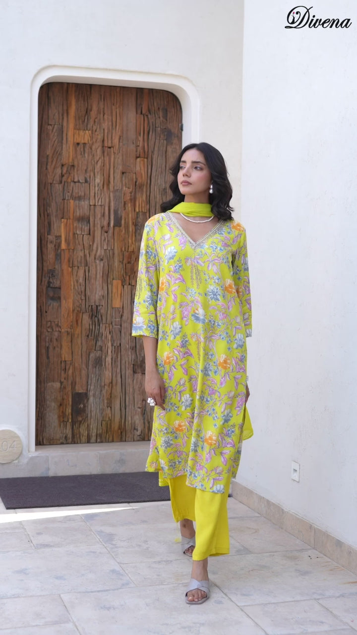 Divena Yellow Embroidered Floral Print Muslin Kurta Set