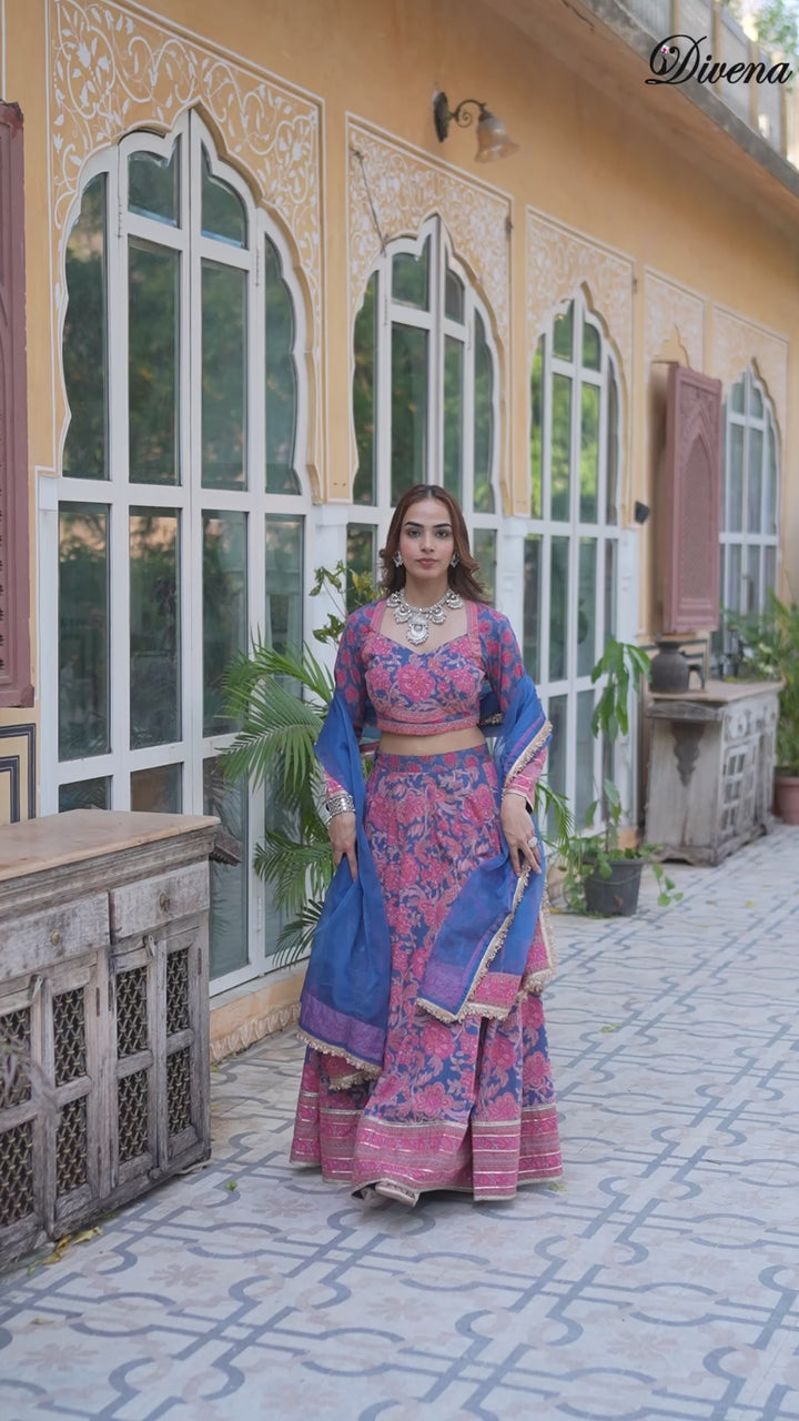 Divena Blue Printed Cotton Lehenga with Choli and Dupatta