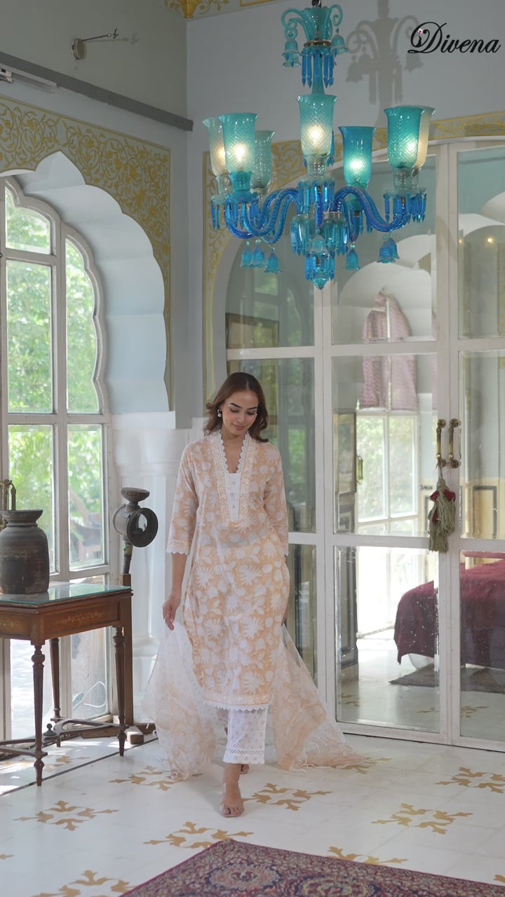 Divena Peach Block Print Cotton Straight Kurta Pant with Dupatta