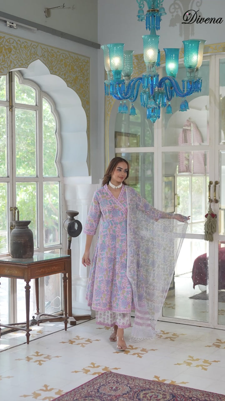 Divena Pink Cotton Block Print Angarakha Kurta Pant with Dupatta