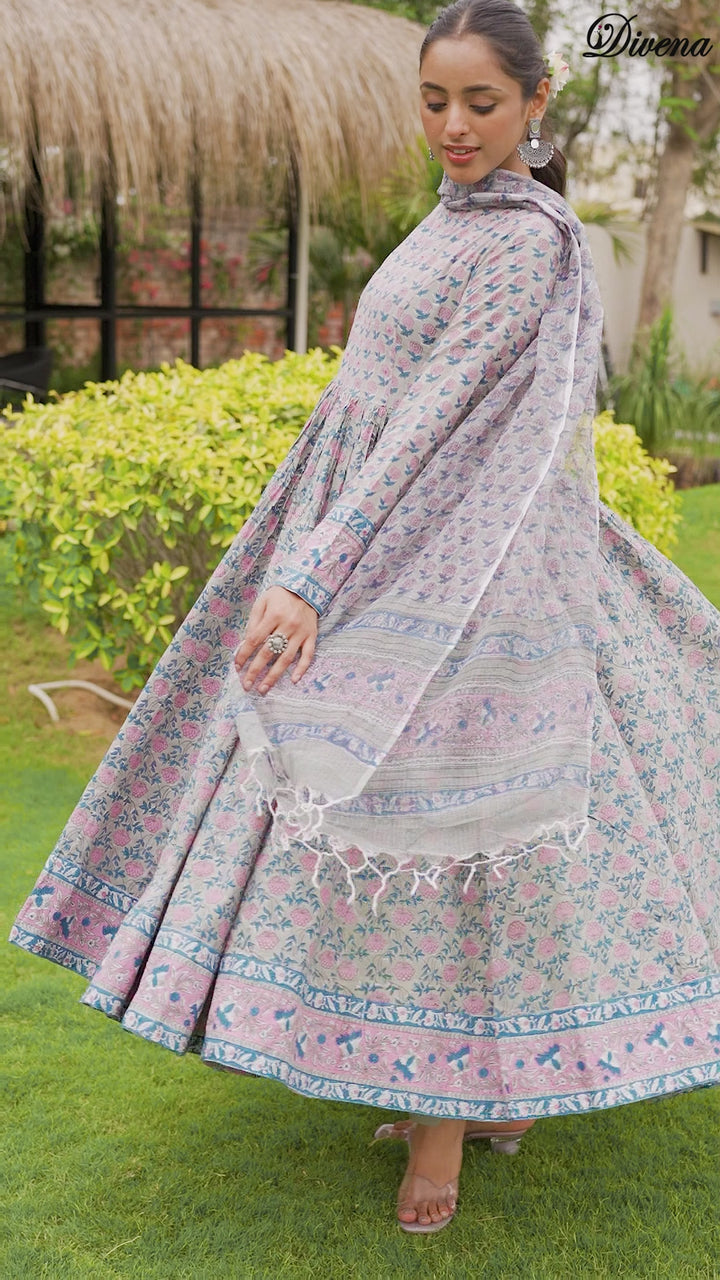 Divena Floral Printed Round Neck Pure Cotton Anarkali Kurta With Trousers & Dupatta
