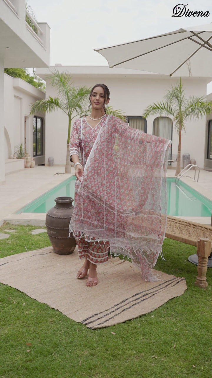 Divena Maroon Floral Print Cotton Handblock Kurta Set for Women