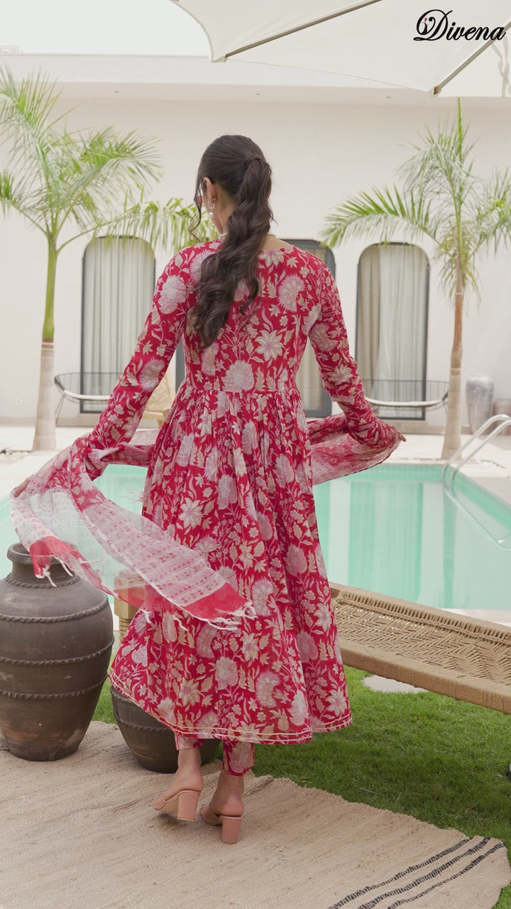 Divena Floral Printed Red Cotton Alia Cut Kurta Set for women