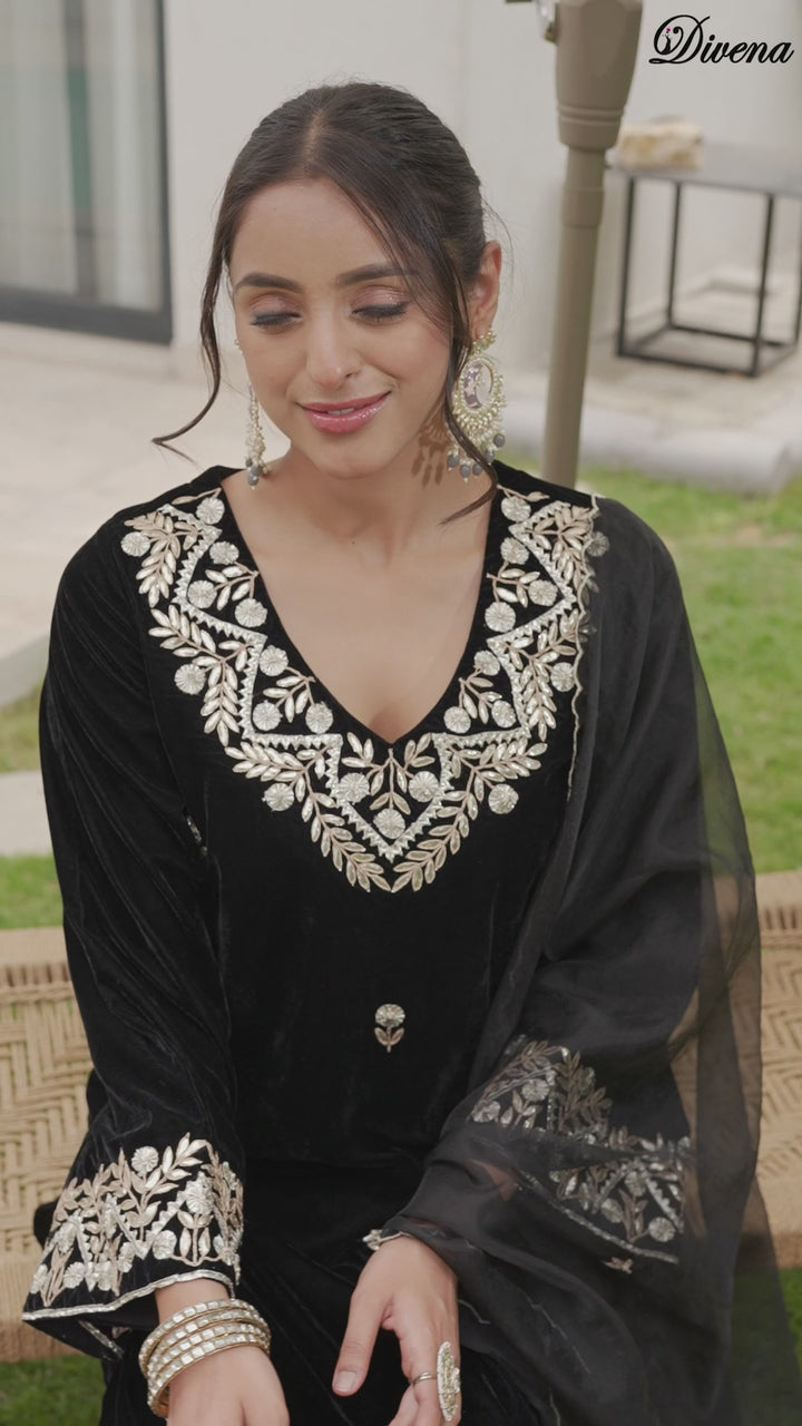 Divena Embroidered Black Velvet Kurta Pant Dupatta Set for Women