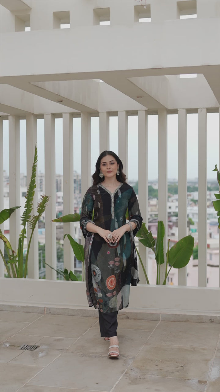 Divena Black Pure Crepe Digital Print Kurta Pant Set With Dupatta