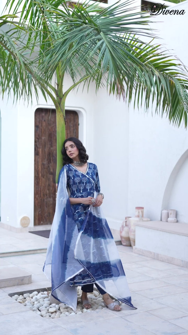 Divena Indigo Blue HandBlock Print Cotton Anarkali Kurta Set with Organza Dupatta