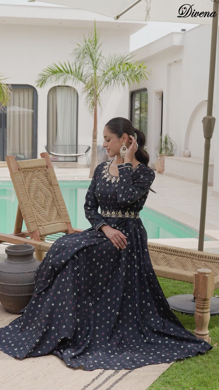 Divena Navy Blue Bandhani Print Flared Long Dress with Belt