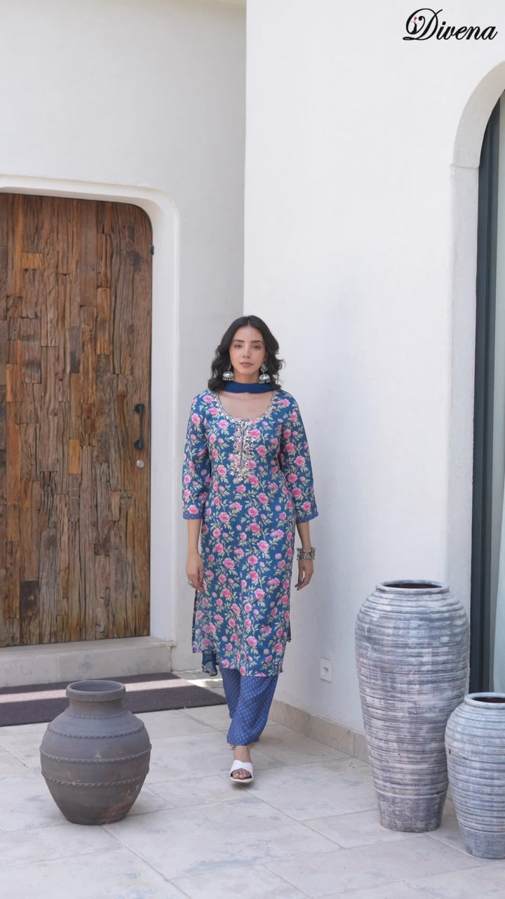 Divena Blue Embroidered Floral Print Muslin Kurta Set