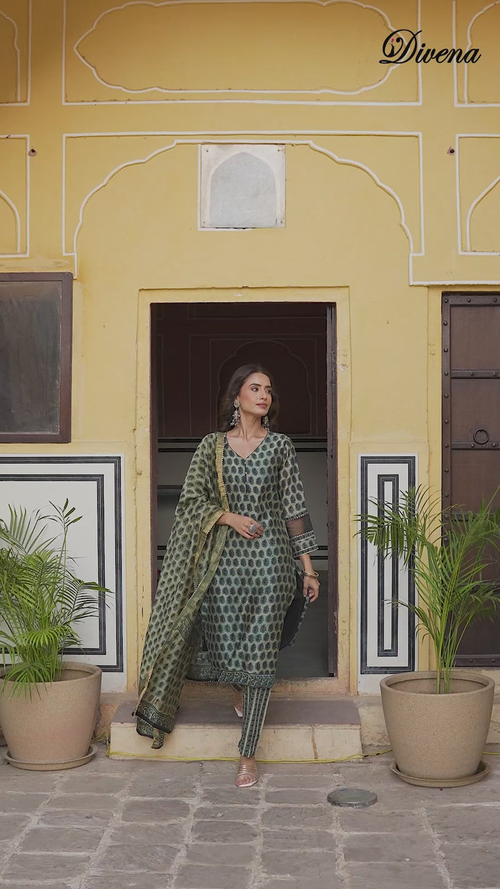 Divena Green Ethnic Printed Chanderi Silk Kurta Trouser with Dupatta Set