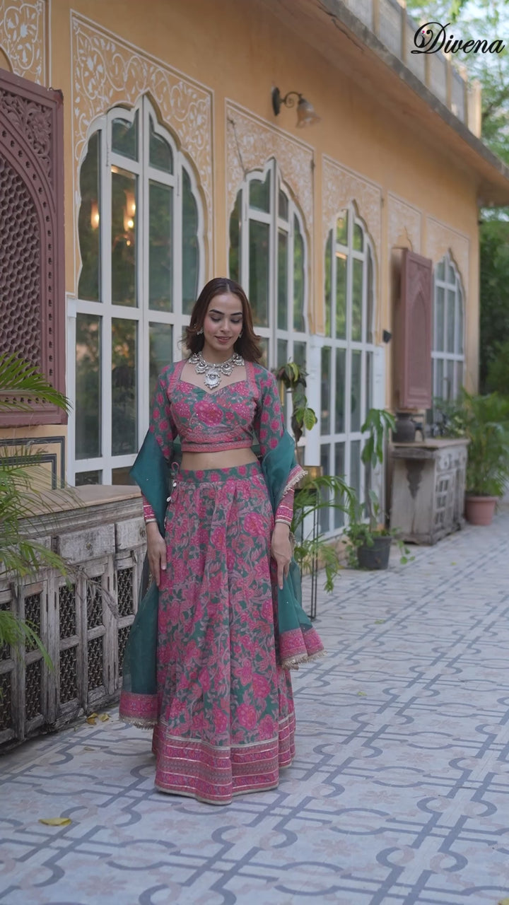 Divena Green Printed Cotton Lehenga with Choli and Dupatta