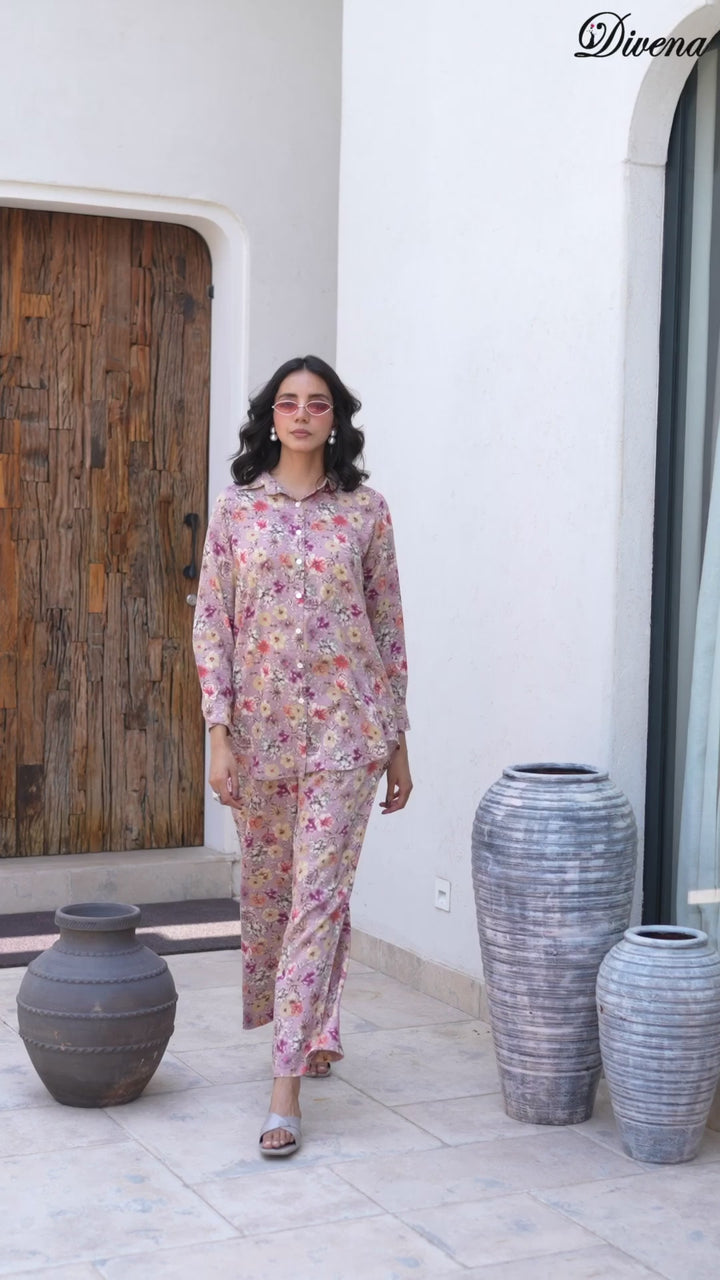 Divena Purple Multi Floral Printed Rayon Co-ord Set