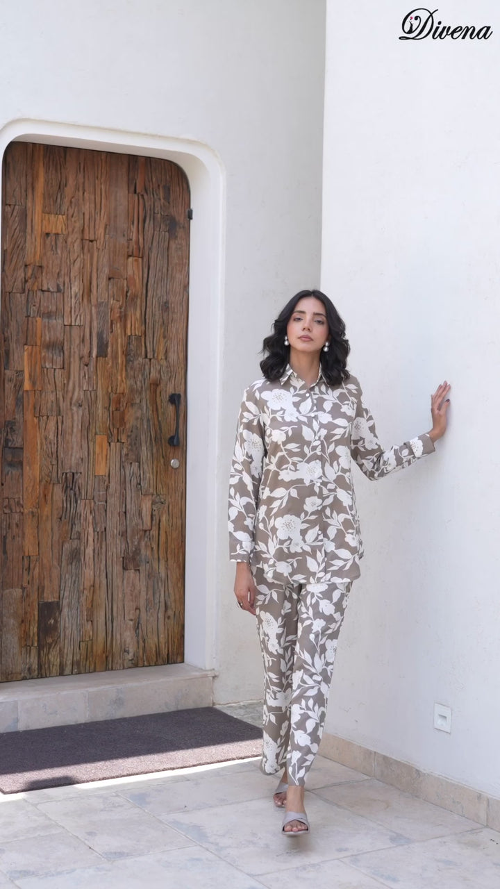 Divena Brown & White Floral Printed Rayon Co-ord Set