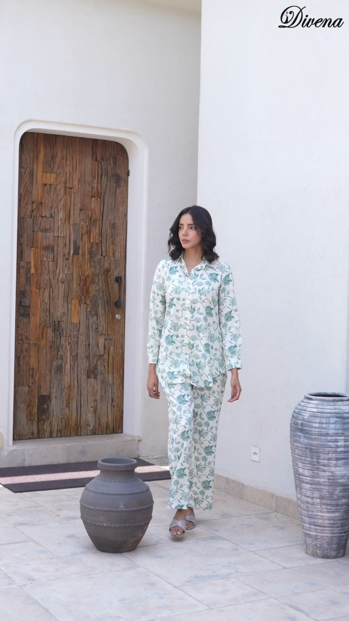 Divena White & Green Floral Printed Rayon Co-ord Set