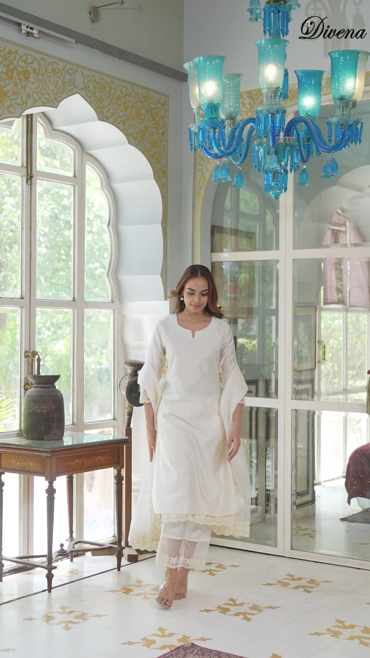 Divena Cream Chanderi Kurta Pant With Dupatta