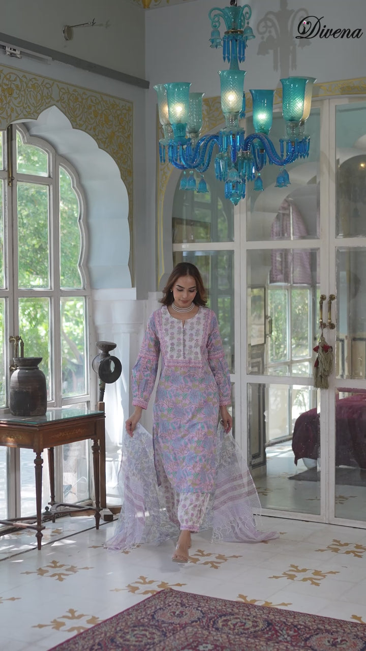 Divena Pink Cotton Block Print Straight Kurta Pant With Dupatta