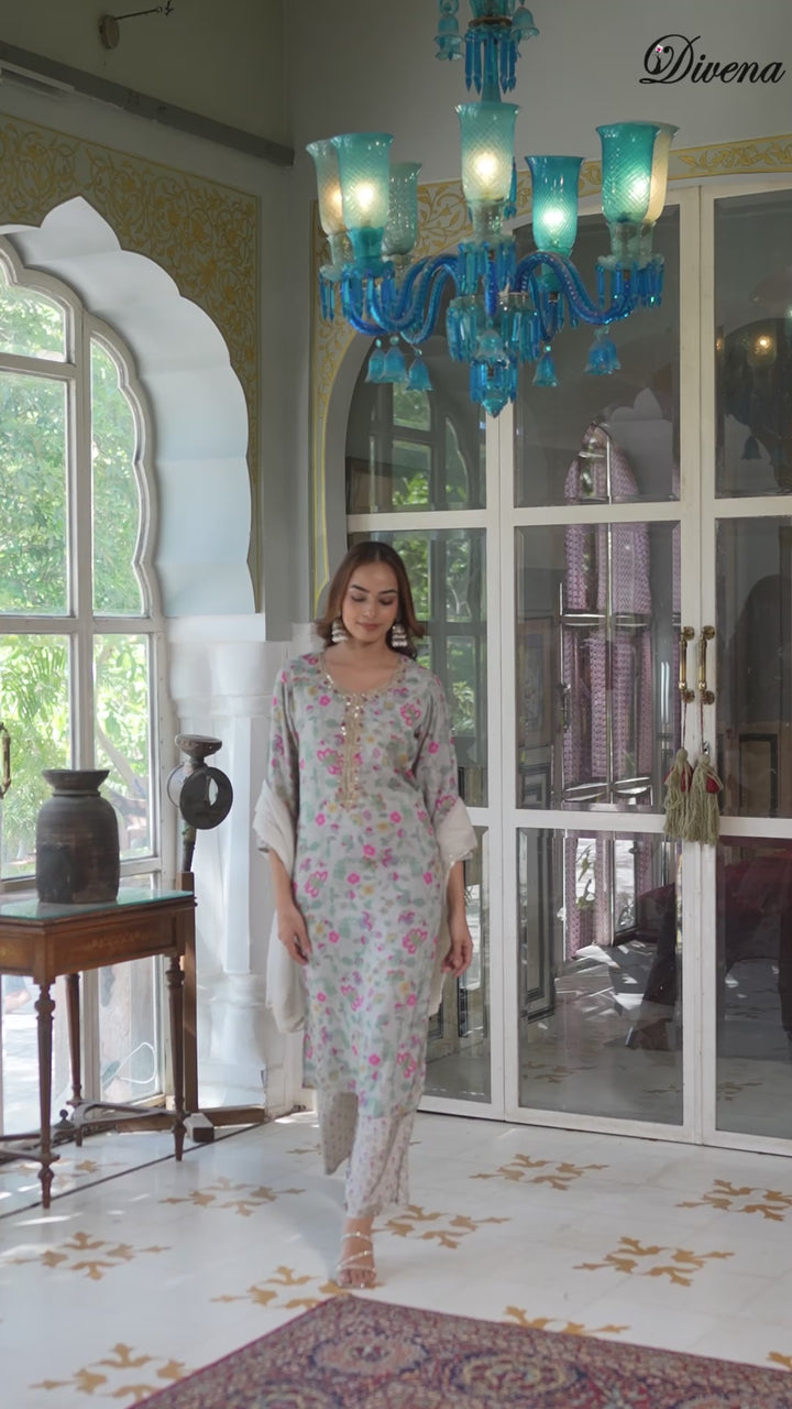 Divena Light Grey Floral Print Muslin Kurta Trouser with Dupatta