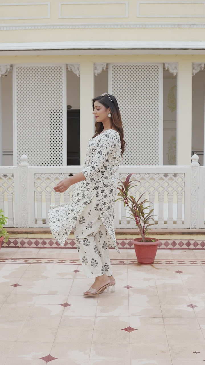 Divena Cream Floral Printed Cotton Kurta Pant Sets
