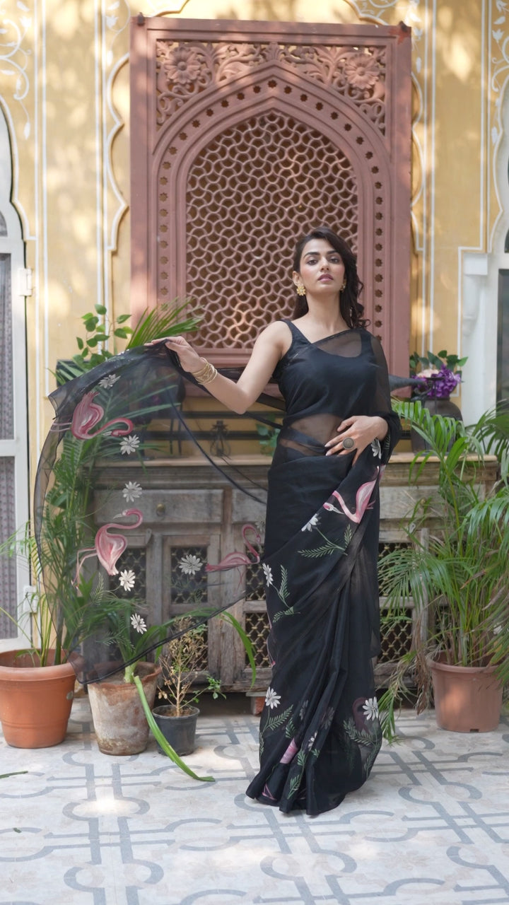 Divena Black Hand painted Organza Saree