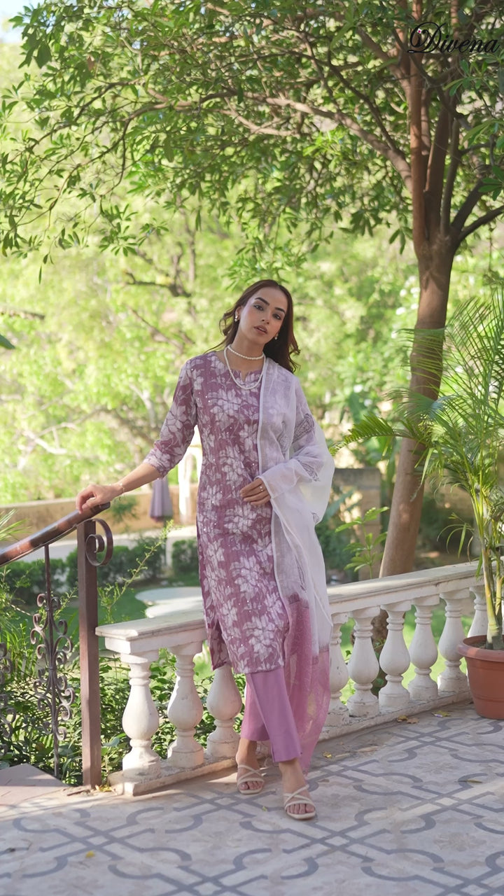 Divena Peach Floral Print Cotton Straight Kurta Pant with Dupatta