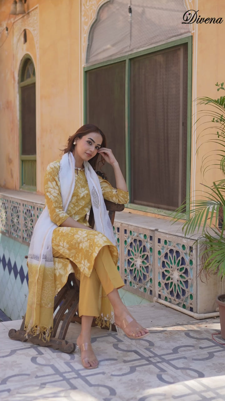 Divena Mustard Floral Print Cotton Straight fit Kurta Pant with Dupatta