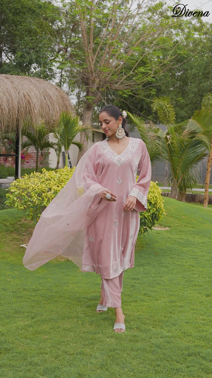 Divena Pink Embroidered Velvet Kurta Pant Dupatta Set
