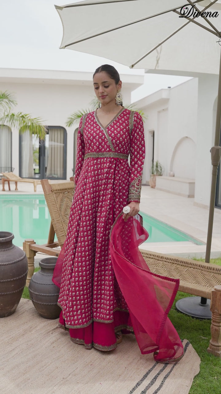 Divena Maroon Printed & Zari Embroidered Rayon Layered Kurta with Dupatta Set for Women