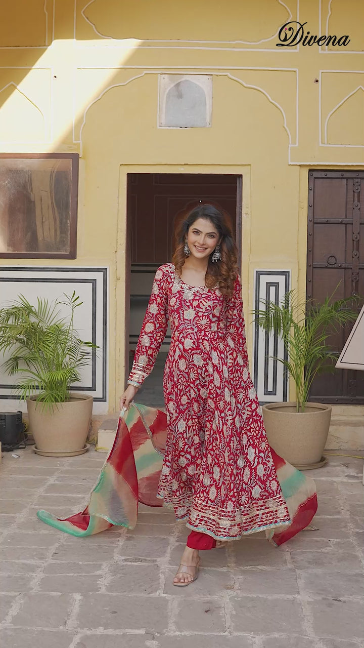 Divena Red Floral Printed Anarkali Muslin Kurta Trouser with Dupatta Set