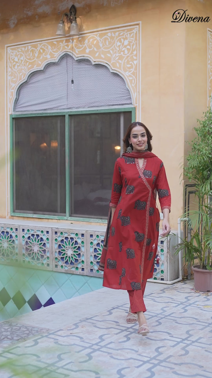 Divena Red Animal Print Cotton A-Line Kurta Pant with Dupatta