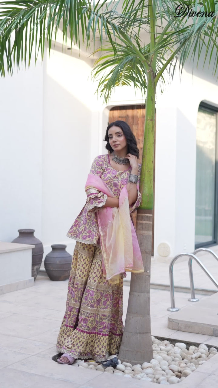 Divena Yellow Floral Print Cotton Kurta Sharara Set for women