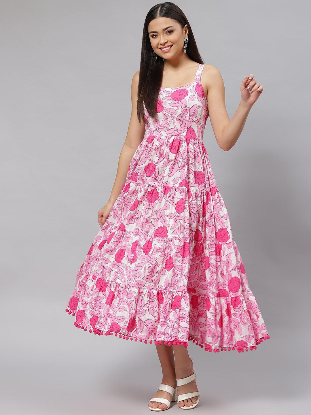 Divena white & Pink Floral Shoulder Strip Long Dress – divena world