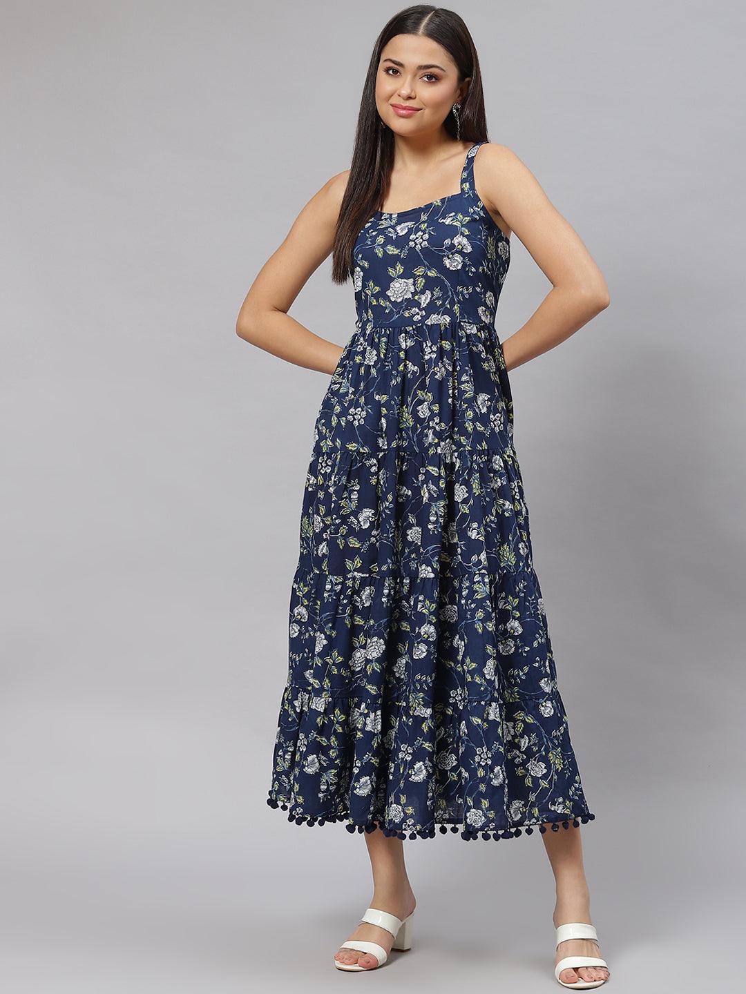 Divena Blue Floral Shoulder Strip Long Dress divena world Divena Blue Floral Shoulder Strip Long Dress divena world