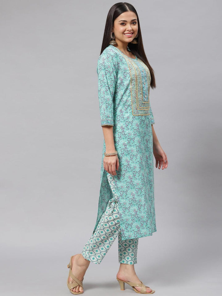 Divena Seagreen Cotton kurta Pant set with Dupatta - divena world