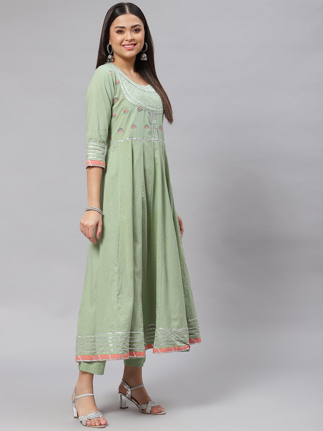 Divena Solid Green Anarkali Kurta Pant Set with Kota doria dupatta - divena world