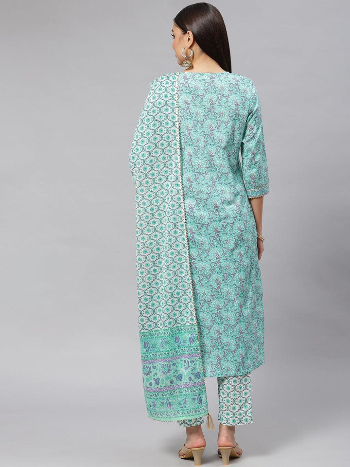 Divena Seagreen Cotton kurta Pant set with Dupatta - divena world