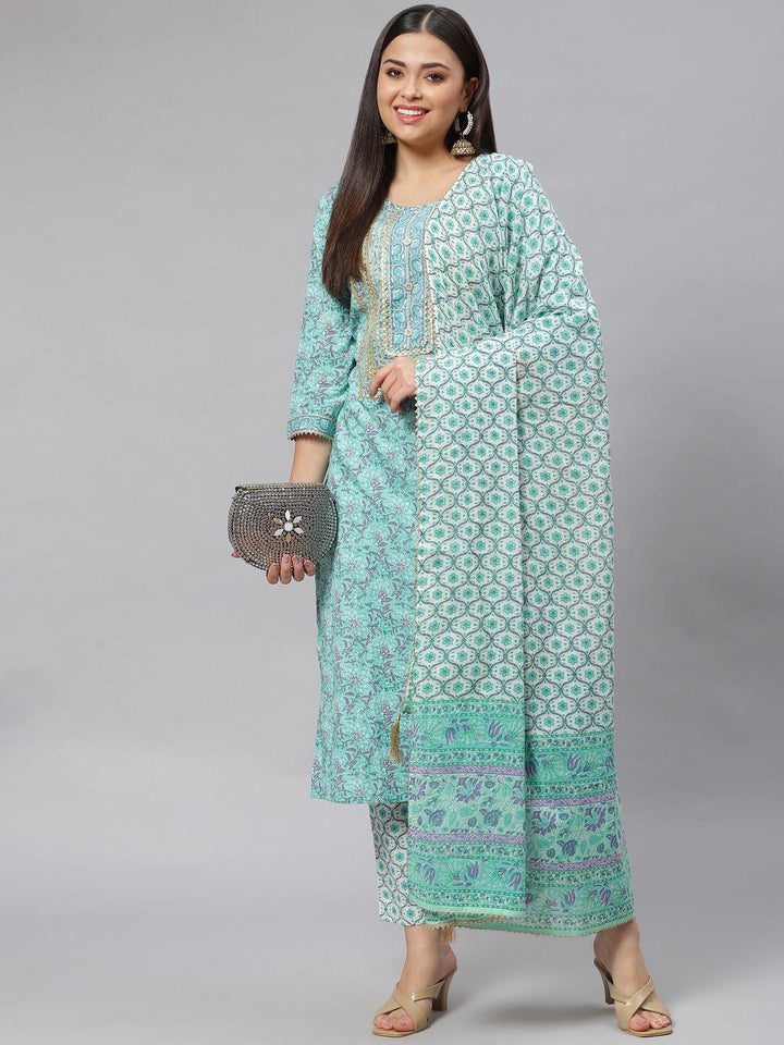 Divena Seagreen Cotton kurta Pant set with Dupatta - divena world