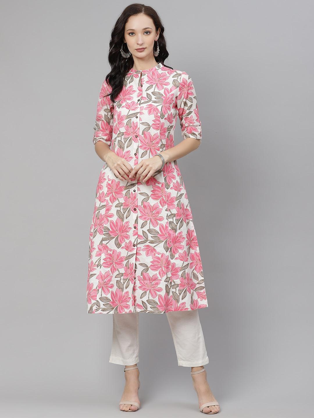 Divena Magenta Floral Printed Cotton A-Line Kurta