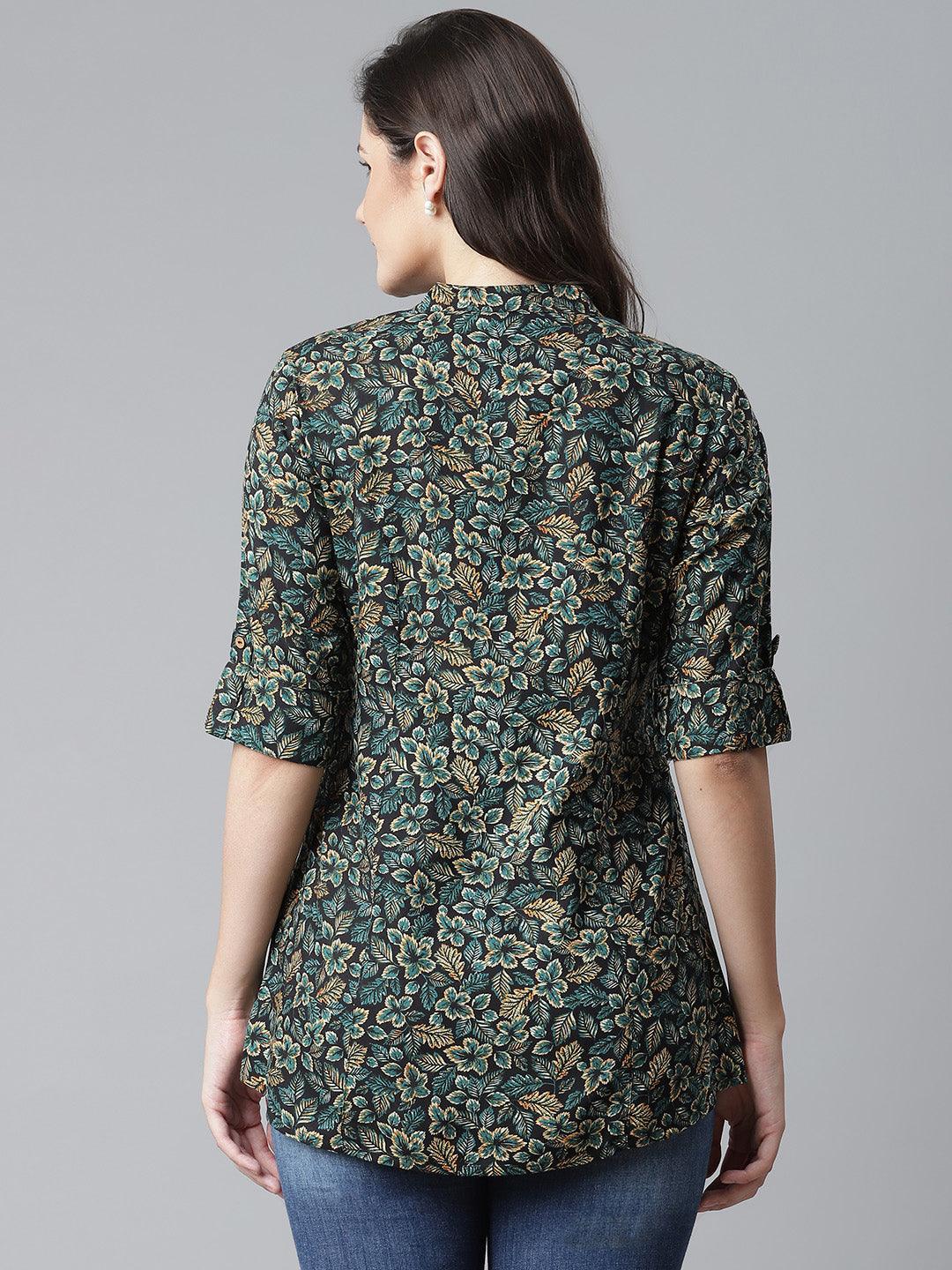 Divena Navy Blue Green Rayon Printed Top - divena world
