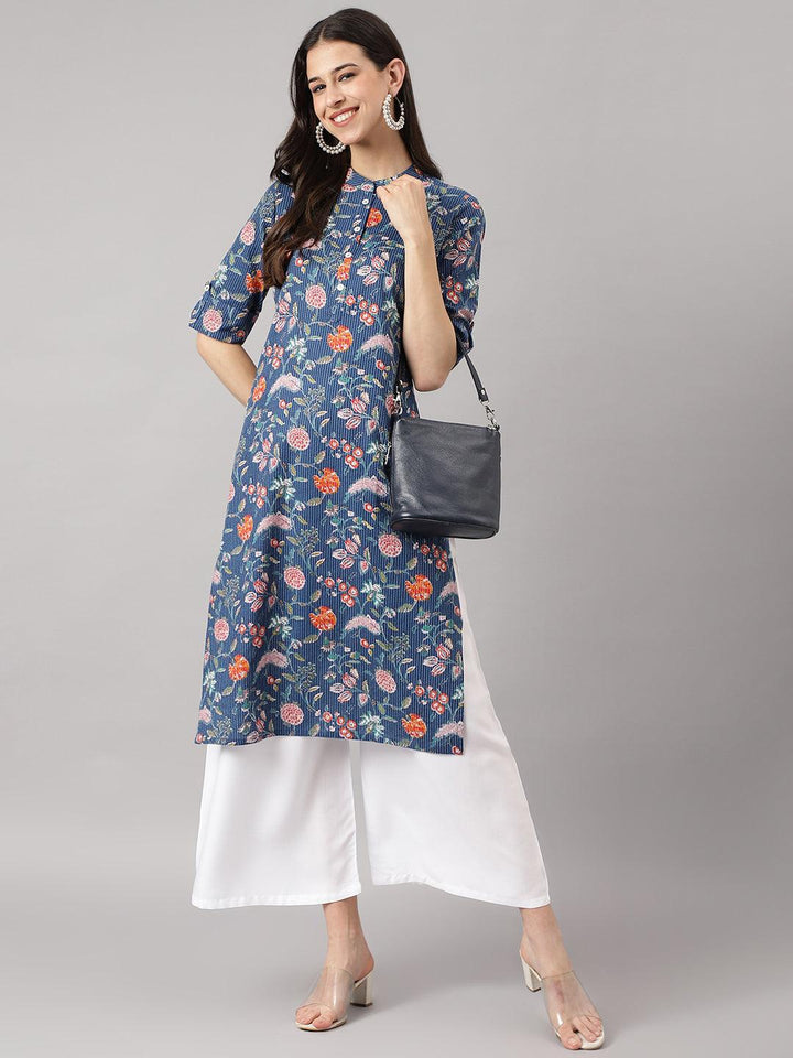 Divena Blue and Orange Cotton Katha work Straight Kurta - divena world