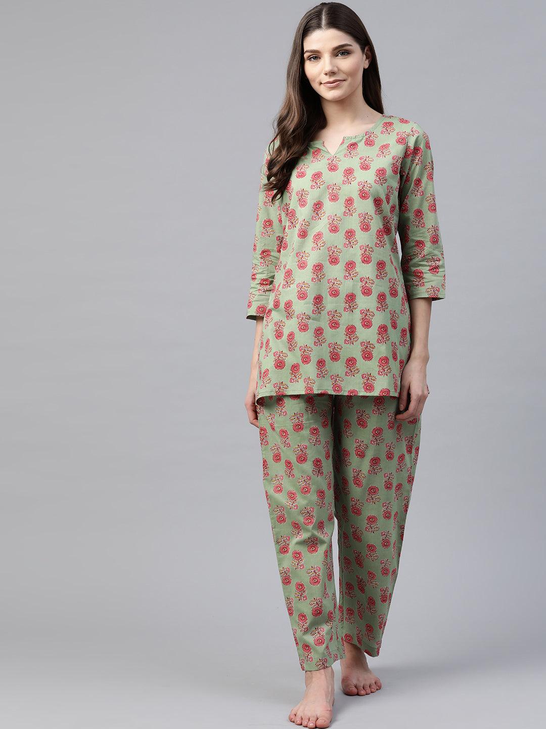 Divena Green Printed Loungewear Nightwear divena world