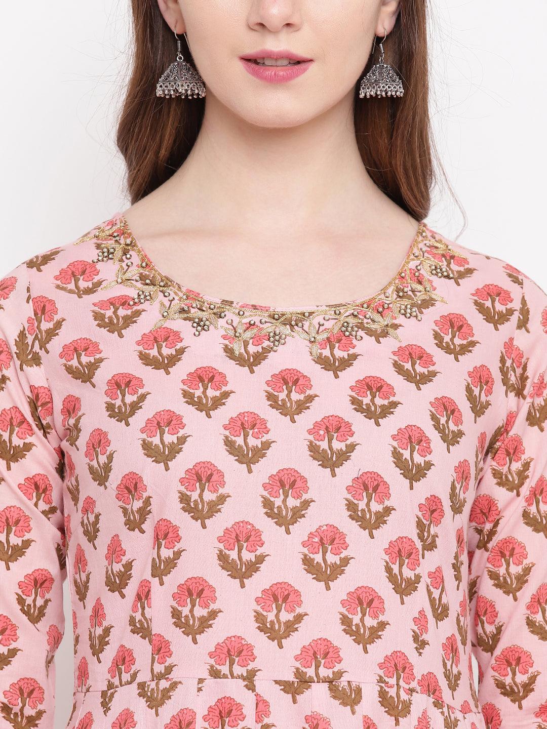 Divena Pink Cotton Gotta Patti Work Anarkali Kurta - divena world