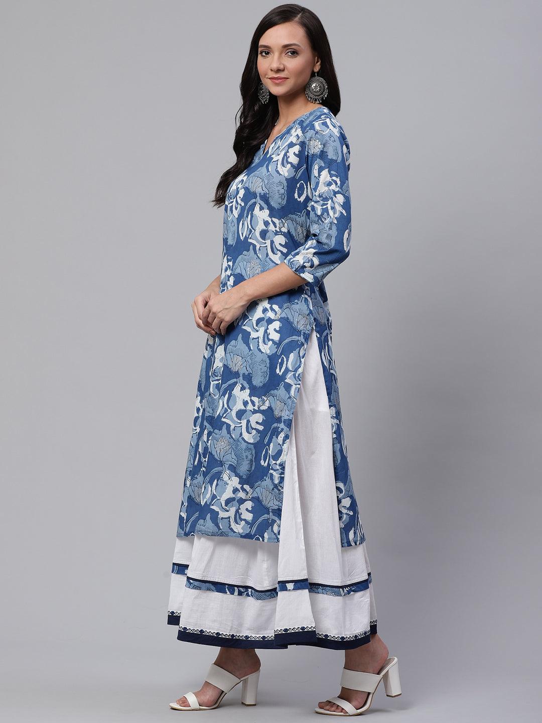 Divena Blue Cotton Kurta With Mulmul Sharara - divena world