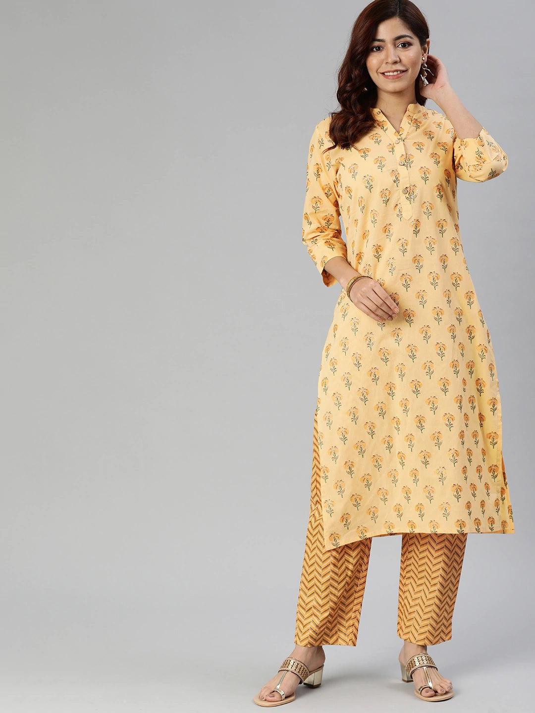 Yellow Floral Print Cotton Kurta Set